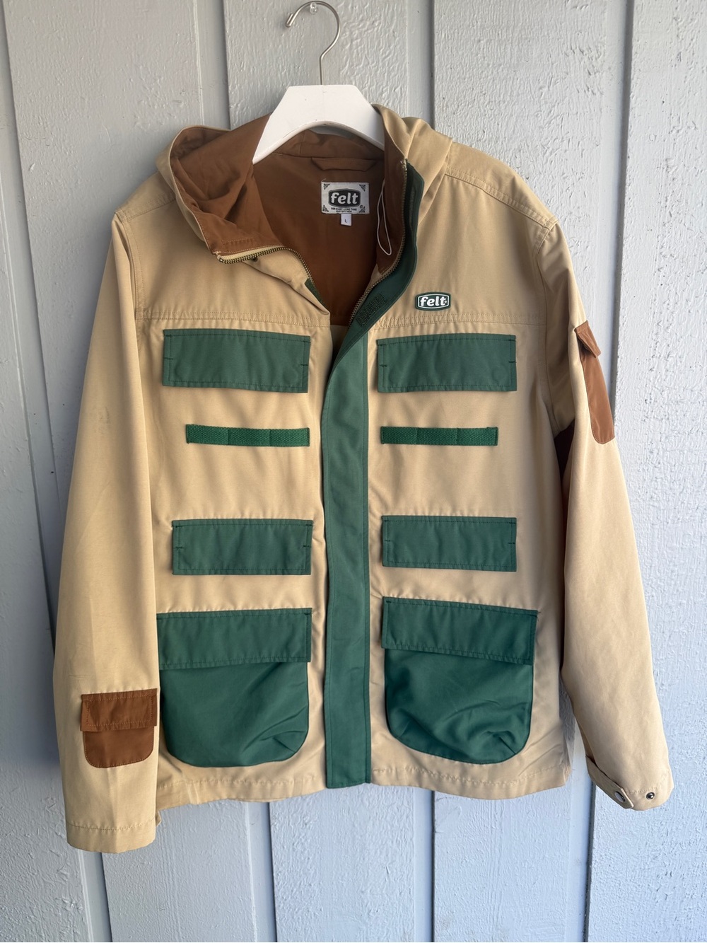 Felt Men’s Two-Tone‎ Tan & Green hooded utility fishing outdoor Jacket Large